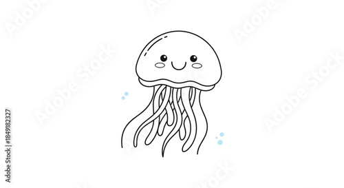 An adorable and simple black and white line drawing of a smiling jellyfish with little blue bubbles, perfect for a coloring page.