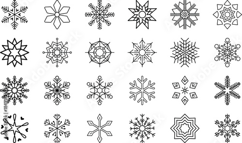 snowflake line icon set, geometric winter crystal cector outlines for holiday design, winter and christmas line style symbols collection