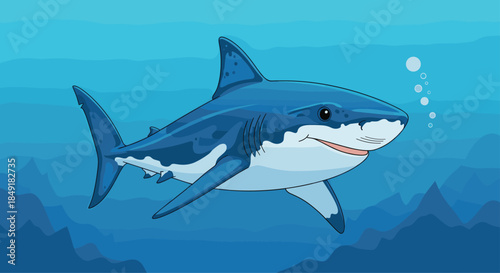 A friendly cartoon great white shark smiling and swimming gracefully through the deep blue ocean, surrounded by water and bubbles.