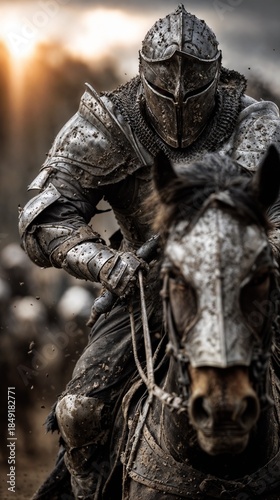 Epic fantasy knight riding warhorse leading army charge at sunset.