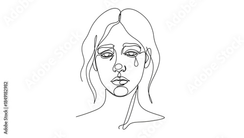 Sad Crying Woman Face Continuous Line Art Vector Minimalist Mental Health Illustration