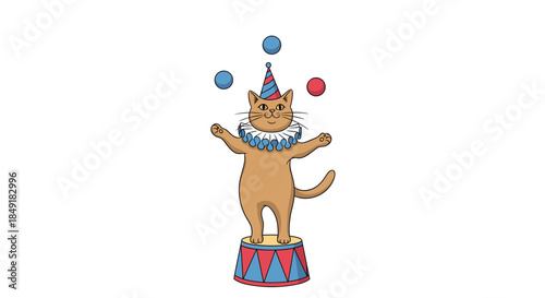 A charming cartoon cat wearing a party hat and collar, balancing on a circus pedestal while juggling colorful balls on a white background.