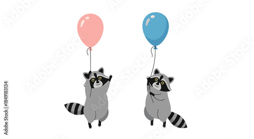 Two adorable cartoon raccoons floating in the air while holding pink and blue balloons, perfect for a birthday or gender reveal party.