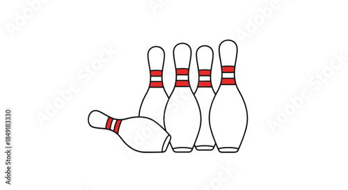 Minimalist line art illustration of five bowling pins with red stripes and one pin knocked over isolated on a white background.