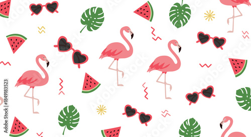 Seamless summer pattern with pink flamingos slices of watermelon heart-shaped sunglasses and monstera leaves on a white background.