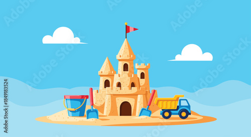 Large and detailed sandcastle on a beach with a flag on top surrounded by toys like a bucket shovel and a truck on a sunny day.