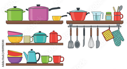 Colorful collection of kitchenware and cookware arranged on wooden shelves including pots pans bowls mugs and various utensils.