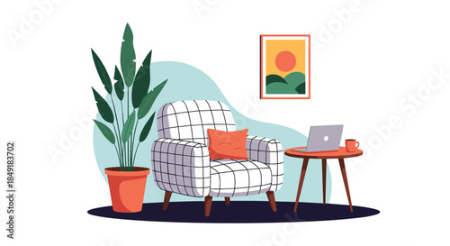 A cozy and modern workspace interior with a plaid armchair a laptop on a side table and a large houseplant.