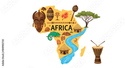 A stylized map of Africa decorated with cultural symbols like masks drums and animals representing African heritage and travel.