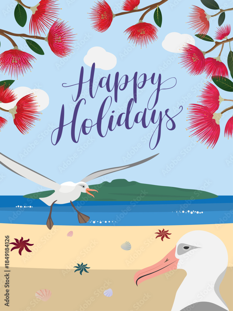 Photography New Zealand season greeting card featuring iconic New Zealand's Maori Christmas pohutukawa tree, scenic view of Rangitoto island, Auckland sandy beach and albatrosses