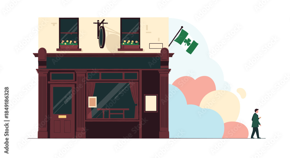 Naklejka premium A person walks away from a traditional pub building into an abstract cloud of color symbolizing change escape or new beginnings.