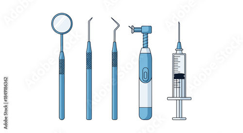 A set of professional dental instruments including a mirror probes a drill and a syringe for oral health and dentistry.