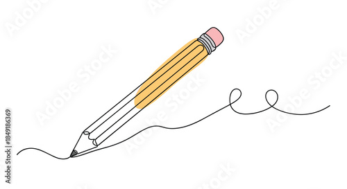 A simple pencil with an eraser drawing a continuous squiggly line in a minimalist one-line art style for creativity themes.