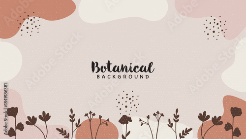  Simple vector banner background featuring hand drawn botanical line art with abstract organic shapes in earthy boho tones and soft grunge texture.