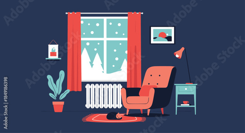A cozy living room interior with an armchair and a sleeping cat looking out a window at a snowy winter landscape at night.