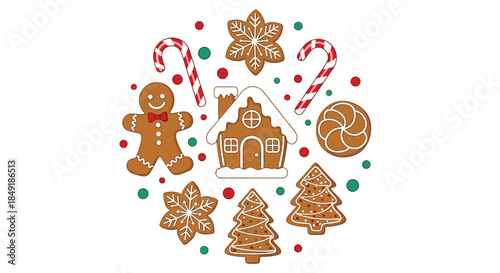 A festive circular arrangement of Christmas gingerbread cookies including a man house trees candy canes and tasty snowflakes.