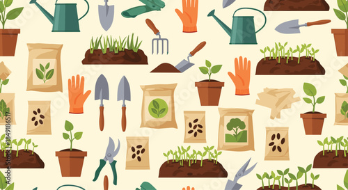 A seamless pattern of gardening tools and equipment including watering cans shovels seeds and potted plants for a spring theme.