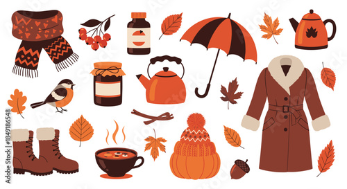 A cozy autumn collection of seasonal items including warm clothes hot drinks fall leaves a bird and jars of jam for fall.