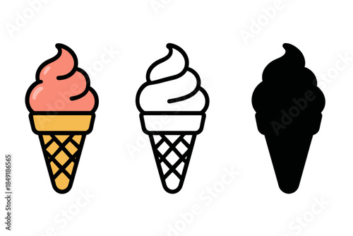 Three styles of ice cream cone icons: color, outline, and silhouette