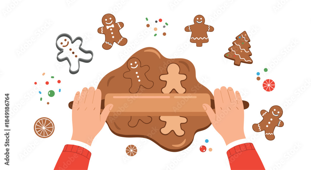 Naklejka premium Top-down view of hands using a rolling pin to make gingerbread man cookies on a white background for Christmas baking.