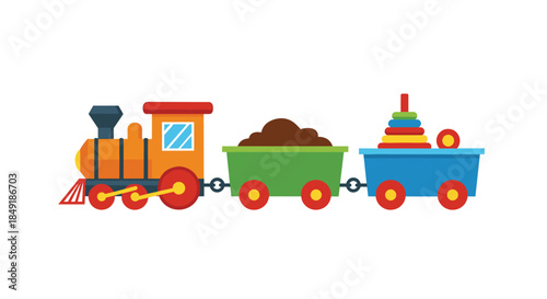 A colorful cartoon toy train with an engine and two wagons carrying cargo and a pyramid toy for children's playtime.