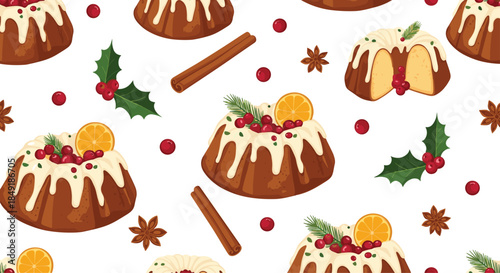 A festive seamless Christmas pattern of traditional fruit cakes with icing cranberries oranges holly leaves and cinnamon sticks.