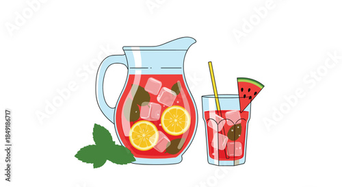 A refreshing summer drink of watermelon lemonade in a jug and glass with ice cubes lemon slices and mint leaves.