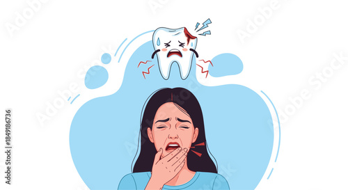 A woman suffering from a severe toothache with a cartoon of a cracked and pained tooth above her head illustration.