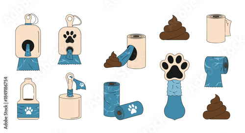 A collection of dog waste cleaning supplies including poop bags dispensers and poop scoops for responsible pet owners.