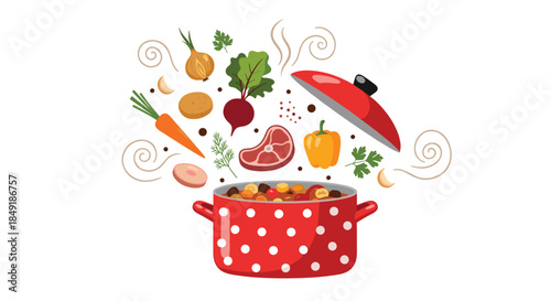 A red cooking pot with fresh ingredients like meat and vegetables flying into it to make a delicious and healthy soup.