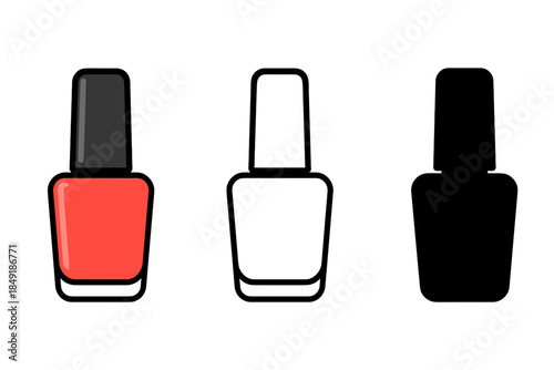 Set of three nail polish bottles: colored, outline, and silhouette