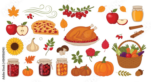 A large collection of traditional Thanksgiving food and autumn harvest items including turkey pie pumpkin and fresh vegetables.