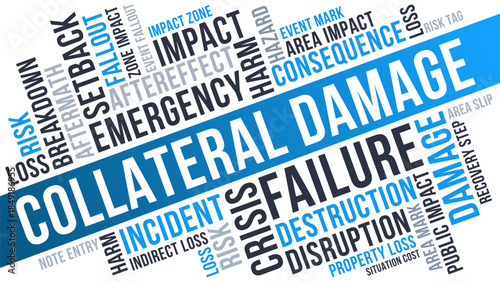 Collateral Damage Word Cloud, Disaster Crisis Risk Tag Cloud. Blue Emergency Typography Vector Design