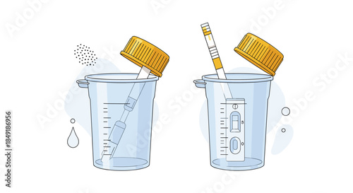 An instructional medical illustration demonstrating the two-step process of using a rapid urine analysis test strip with a sample cup.