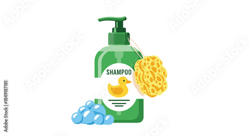 A green bottle of baby shampoo with a cute rubber duck on the label next to a bath sponge and soap bubbles illustration.