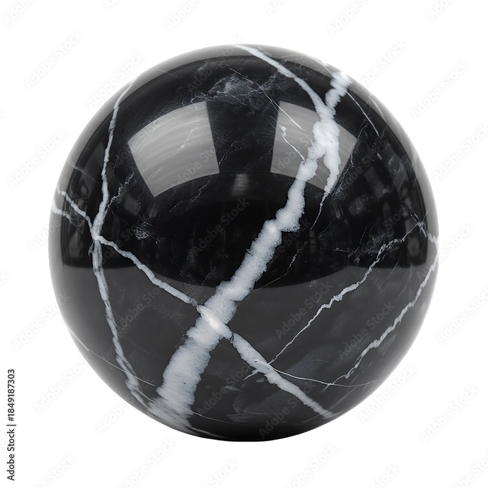 Naklejka premium Black marble sphere with white veins, isolated on white background