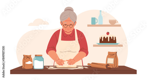 A sweet elderly woman wearing an apron is lovingly kneading dough on a wooden table to bake a cake or bread at home.