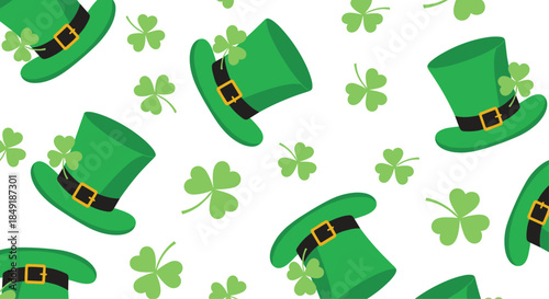 A festive seamless pattern for Saint Patrick's Day featuring green leprechaun hats and shamrock clovers on a white background.