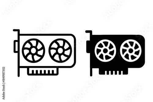 Computer graphics card icon with two fans, line art and solid fill versions