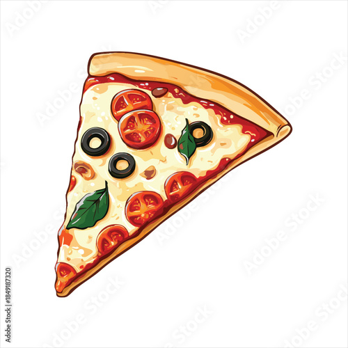 Delicious pizza slice with tomato, olives, and mozzarella cheese