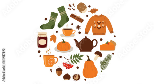A cozy collection of autumn and fall season icons arranged in a circle including warm clothes hot drinks and seasonal food.