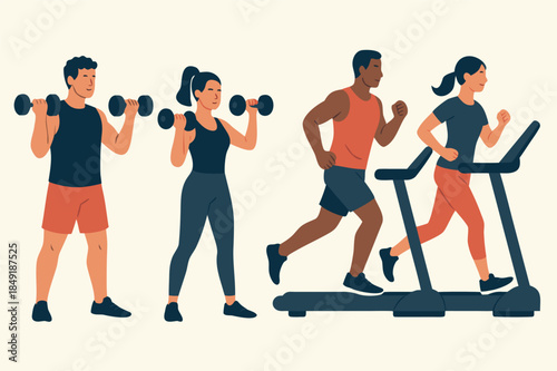 People Exercising in Gym Fitness Flat Illustration