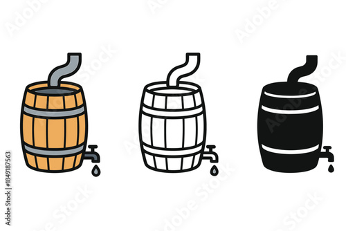 Collection of three barrel icons with a tap and a pipe, representing different styles