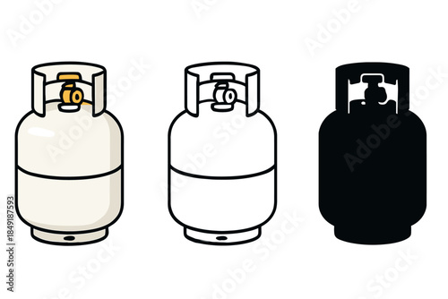 Set of three propane gas cylinder icons in different styles: color, outline, and silhouette