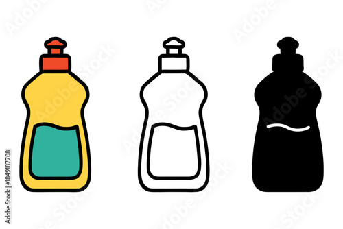 Set of three dish soap bottle icons in different styles: color, outline, and silhouette
