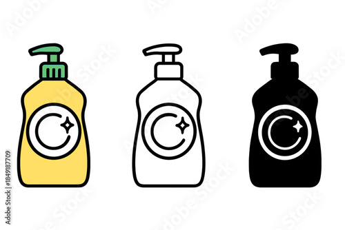 Set of three dish soap bottles in yellow, outline, and black styles