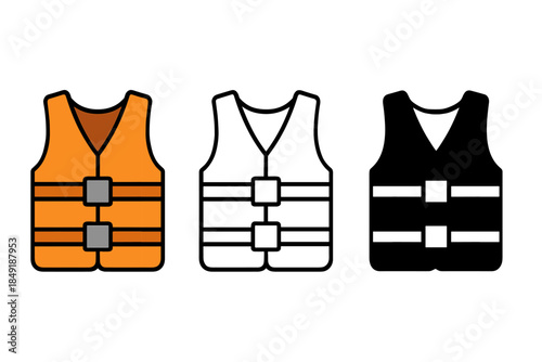 Set of three life vest icons in orange, white, and black for water safety