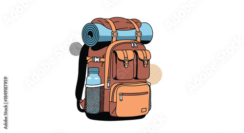 A detailed cartoon illustration of a large brown hiking and camping backpack with a sleeping bag and water bottle attached.