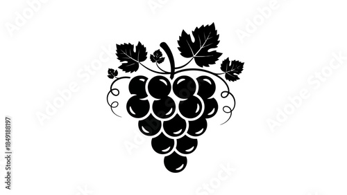 Black silhouette of a grape cluster with vine leaves, isolated white background.