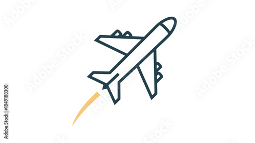 Simple outline airplane icon taking off with a dashed line trail, representing travel and flight, isolated white background.
